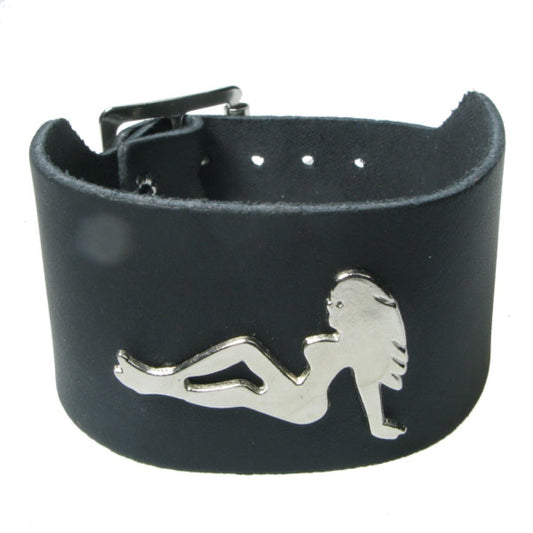 WB703 2 Row width with Trucker Girl metal fitting - Black  Leather Wristband