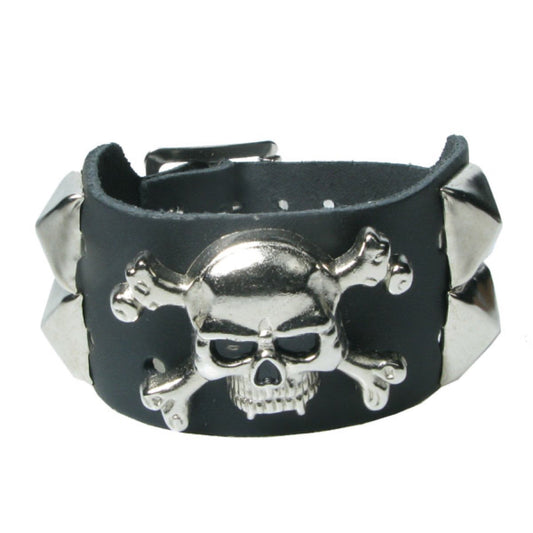 WB704 2 Row width  Vampire Skull and Crossbones with 2 New pyramid on both sides - Black  Leather Wristband