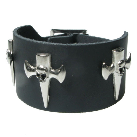 WB705 2 Row width with skull crucifix metal fitting - Black  Leather Wristband
