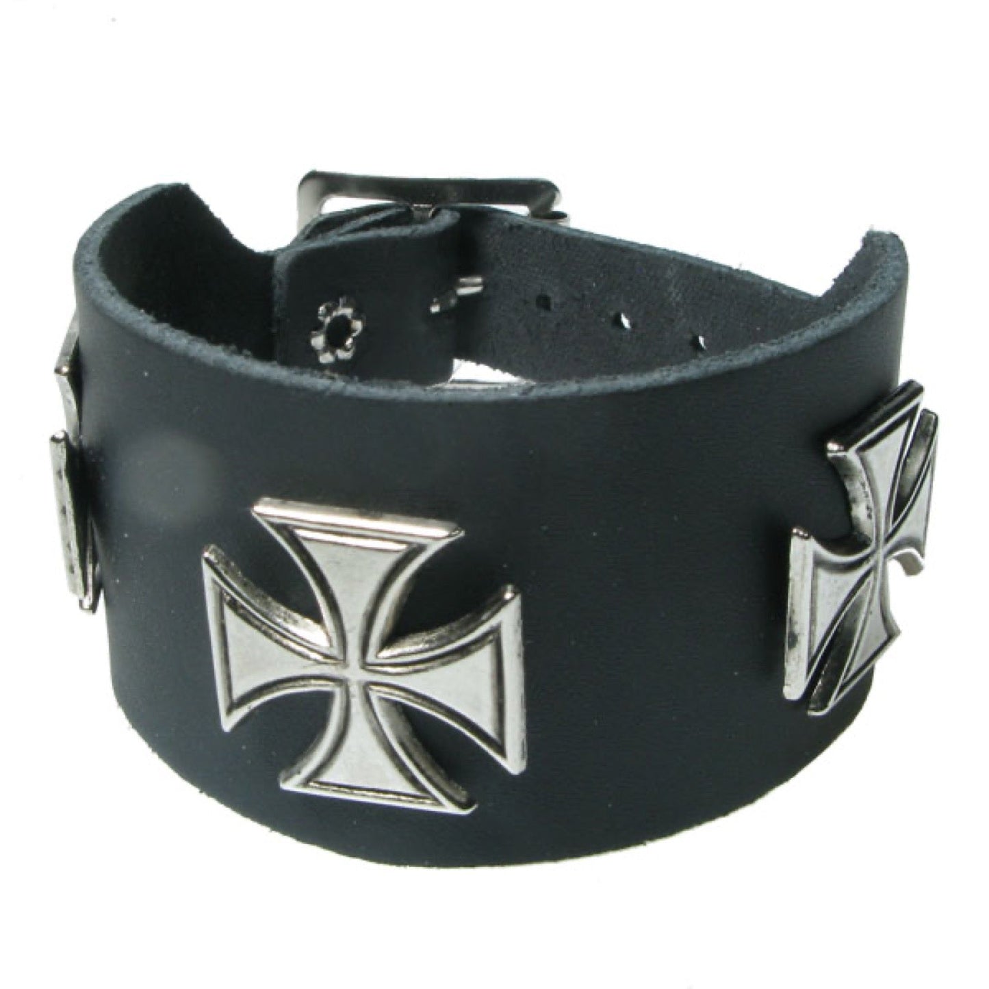 WB706 2 Row width German Cross metal fitting - Black  Leather Wristband