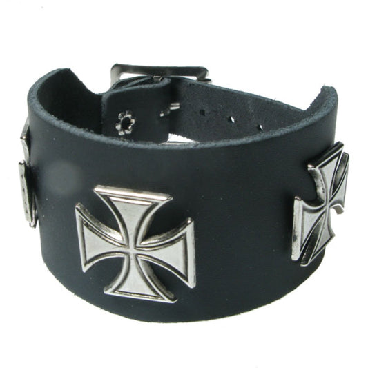 WB706 2 Row width German Cross metal fitting - Black  Leather Wristband