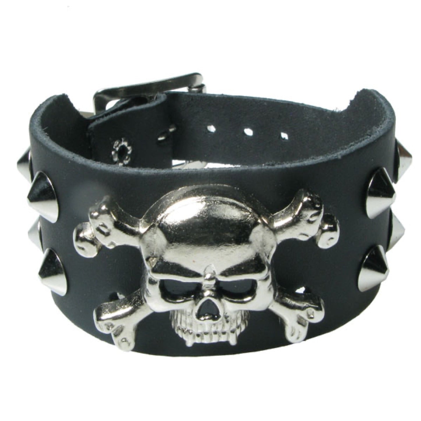 WB707 2 Row width  Vampire Skull and Crossbones with 4 conical on both sides - Black  Leather Wristband