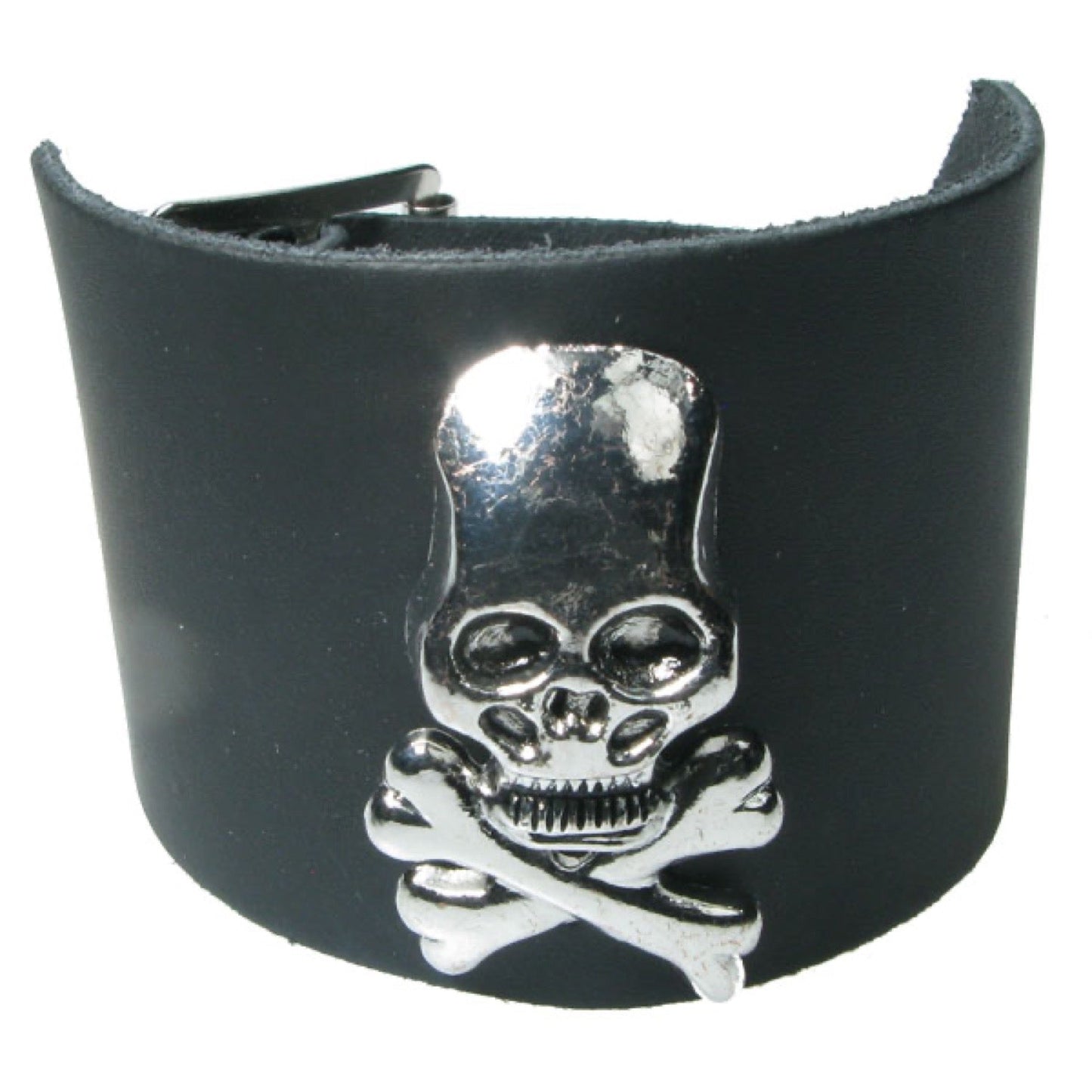 WB708 3 Row width with Large Skull and Crossbones metal fititng - Black  Leather Wristband