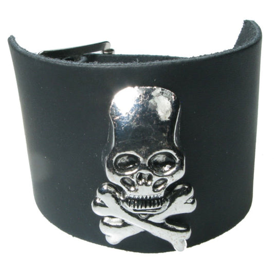WB708 3 Row width with Large Skull and Crossbones metal fititng - Black  Leather Wristband