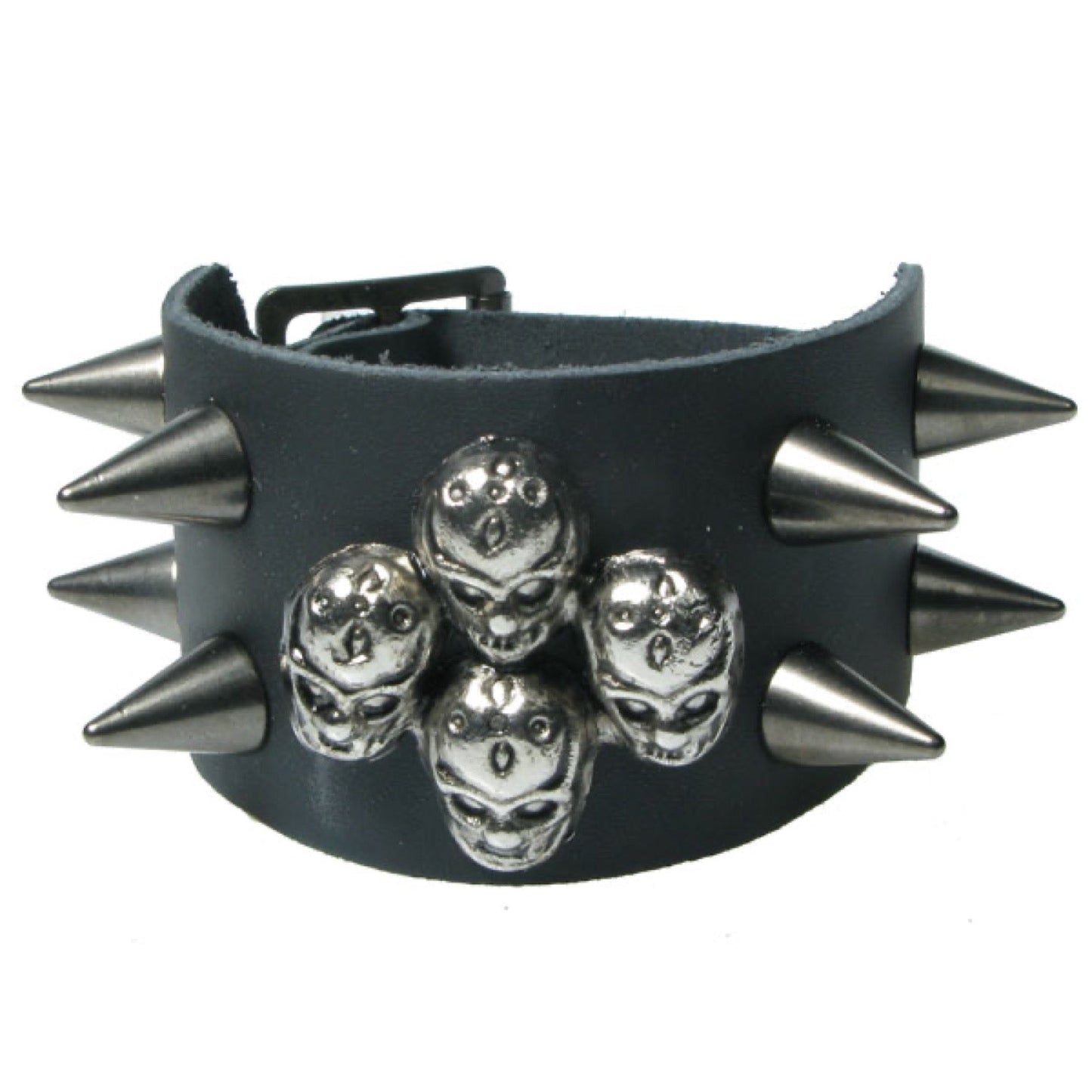 WB715 2 Row width 4 Skull Metal Fitting with 4 Small Cones on both sides - Black  Leather Wristband