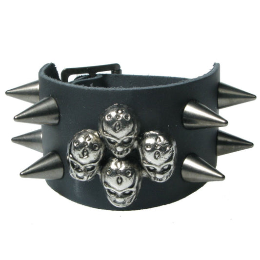 WB715 2 Row width 4 Skull Metal Fitting with 4 Small Cones on both sides - Black  Leather Wristband