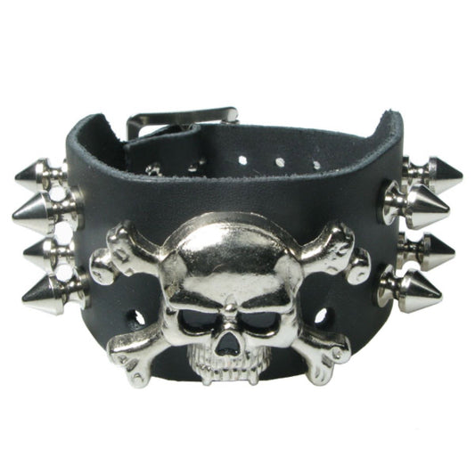 WB716 2 Row width  Vampire Skull and Crossbones with 4 small spike on both sides - Black  Leather Wristband
