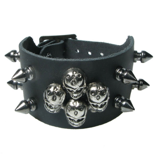 WB717 2 Row width 4 Skull Metal Fitting with 4 Small Spikes on both sides - Black  Leather Wristband