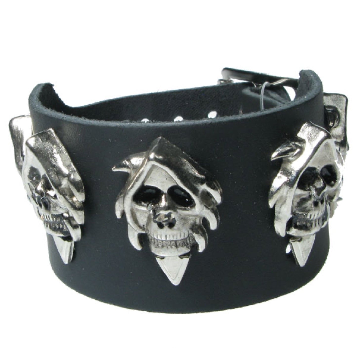 WB718 2 Row width Hooded skull metal fitting - Black  Leather Wristband