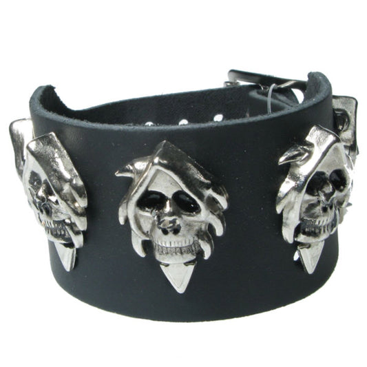 WB718 2 Row width Hooded skull metal fitting - Black  Leather Wristband