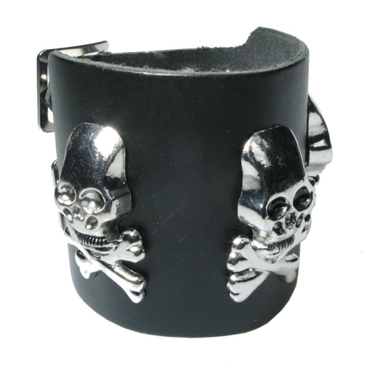 WB719 4 Row width with Large Skull and Crossbone metal fitting - Black  Leather Wristband