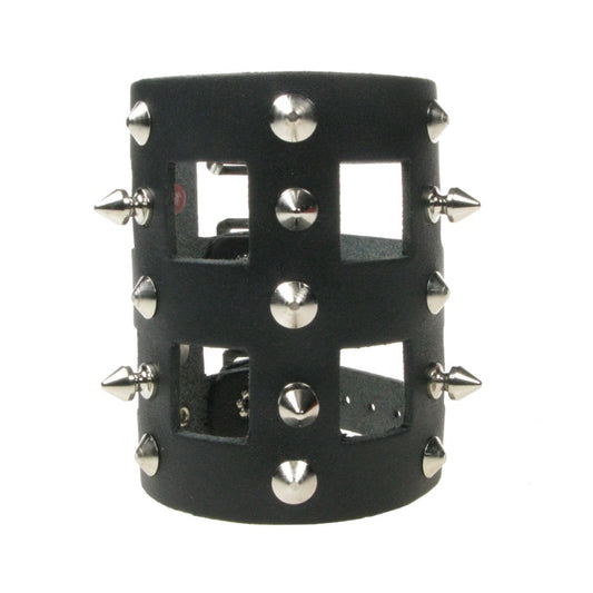 WB720 Connected Conical and Spike - Black  Leather Wristband