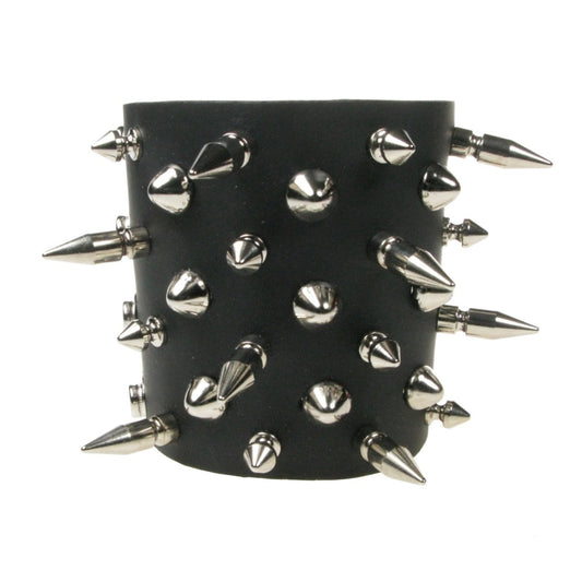 WB723 Mixed Medium Spike, Spike and Dome Conical - Black Leather Wristband