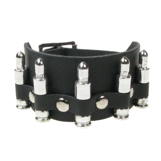 WB748 2 Row Bullet Leather Wristband - Black  Leather Wristband