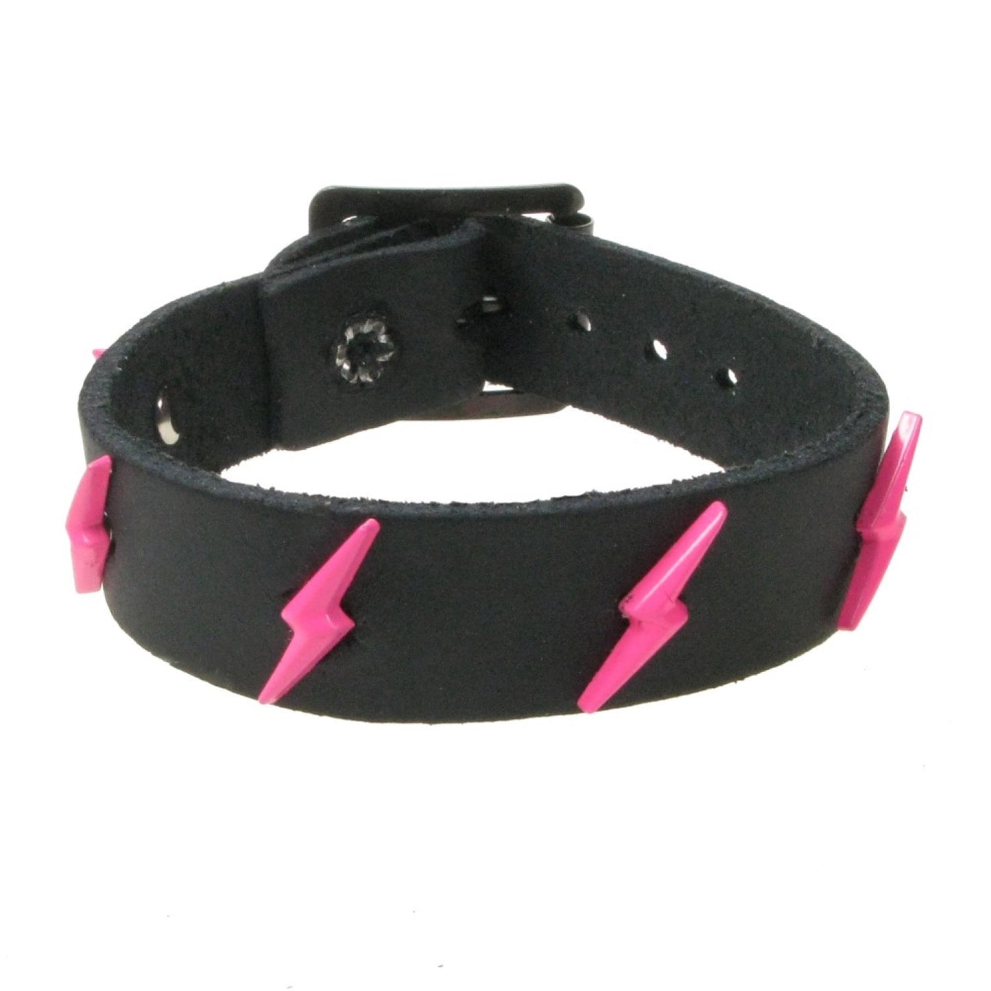 WB753 1 ROW LIGHTNING FITTING FLUORESCENT PINK - BLACK  Leather Wristband