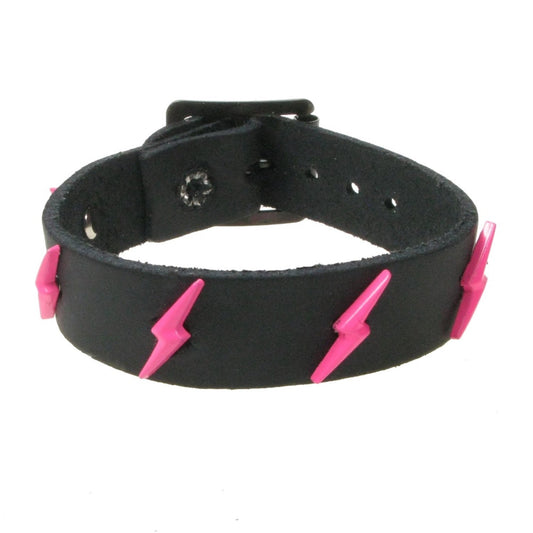 WB753 1 ROW LIGHTNING FITTING FLUORESCENT PINK - BLACK  Leather Wristband