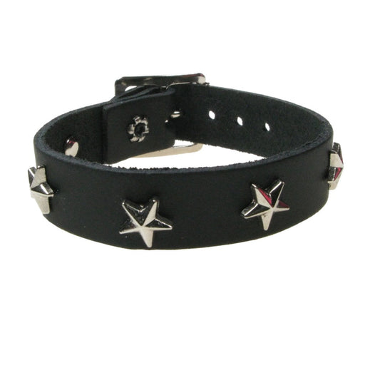 WB754 1 ROW STAR FITTING SILVER - Black  Leather Wristband