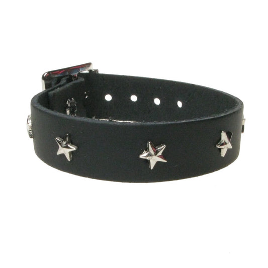 WB761 1 ROW SMALL STAR FITTING SILVER - BLACK  Leather Wristband