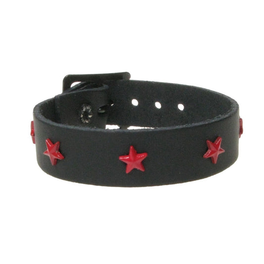 WB764 1 ROW SMALL STAR FITTING RED - BLACK  Leather Wristband