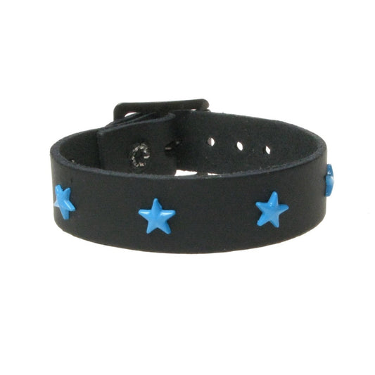 WB765 1 ROW SMALL STAR FITTING BLUE - BLACK  Leather Wristband