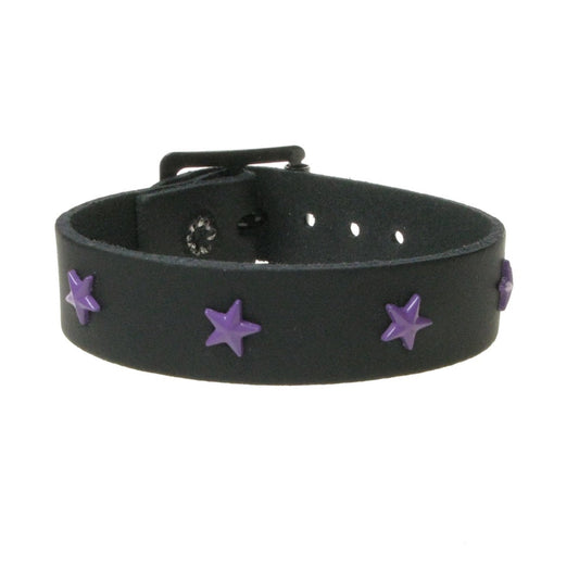 WB766 1 ROW SMALL STAR FITTING PURPLE - BLACK  Leather Wristband