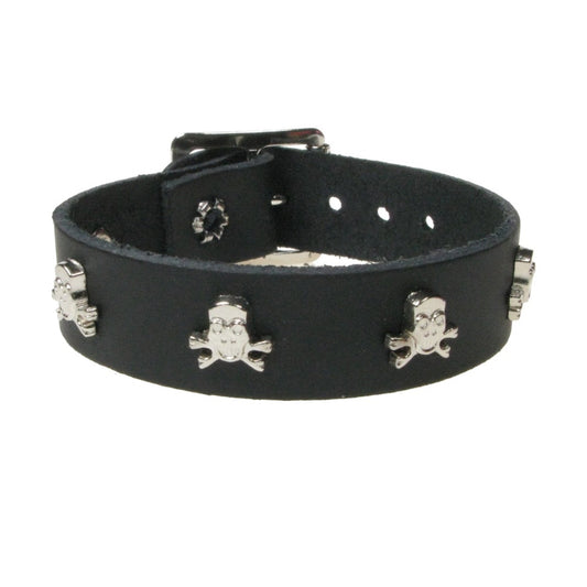 WB767 1 ROW SKULL & CROSSBONES FITTING SILVER - Black  Leather Wristband
