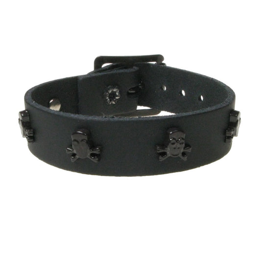WB768 1 ROW SKULL & CROSSBONES FITTING - Black  Leather Wristband