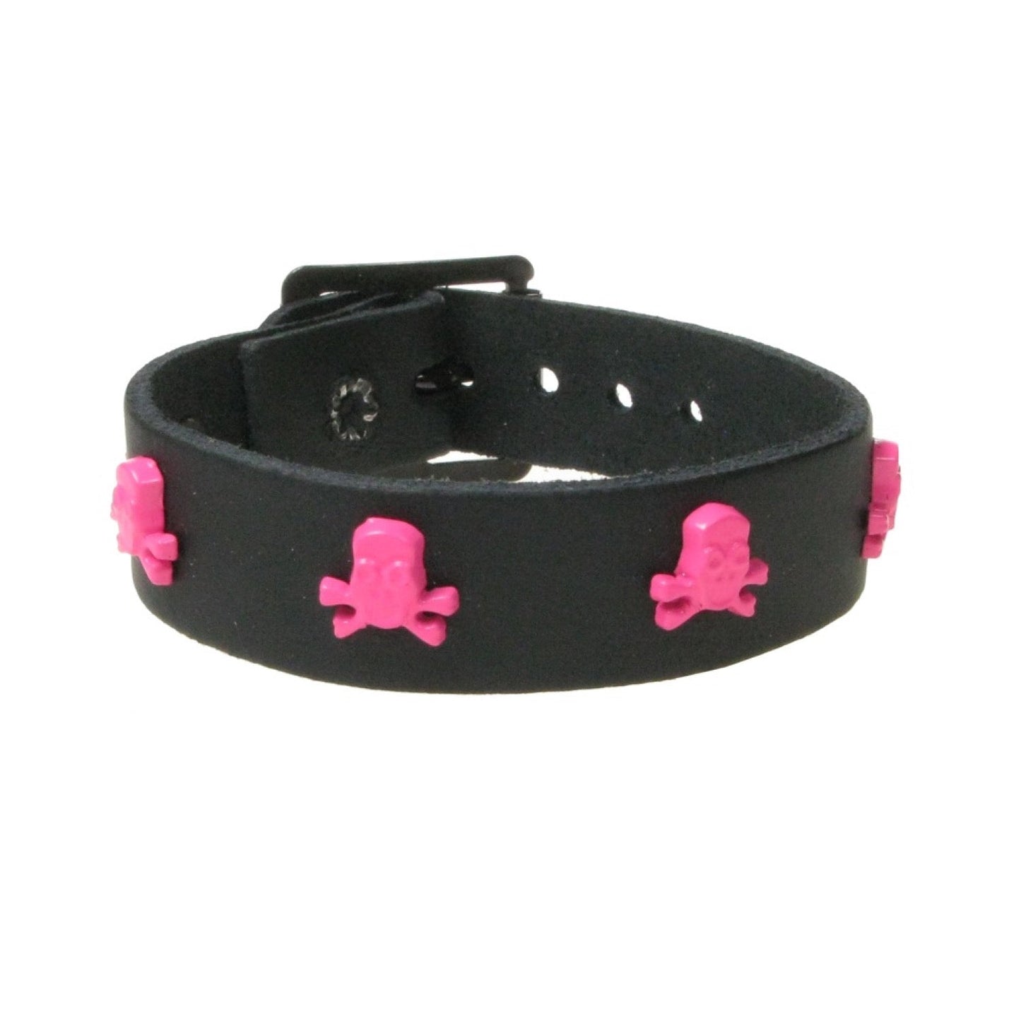 WB769 1 ROW SKULL & CROSSBONES FITTING FLUORESCENT PINK - BLACK  Leather Wristband