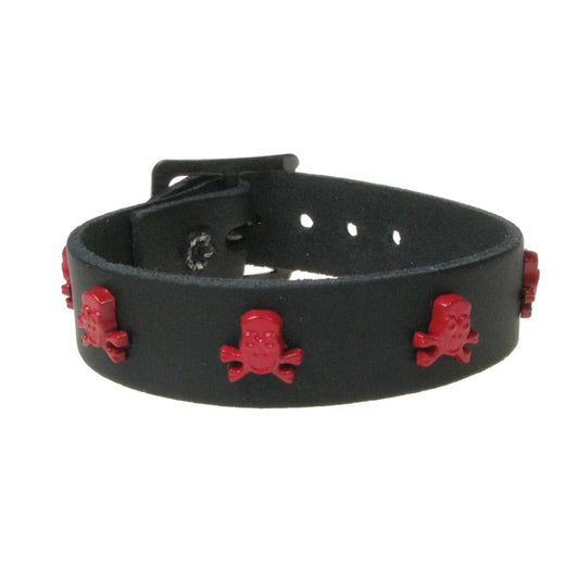 WB771 1 ROW SKULL & CROSSBONE FITTING RED - BLACK  Leather Wristband