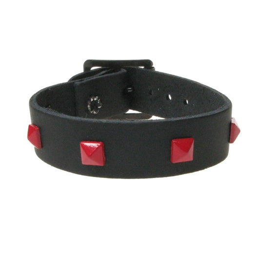 WB776 1 Row Small Pyramid Red Stud Leather Wristband